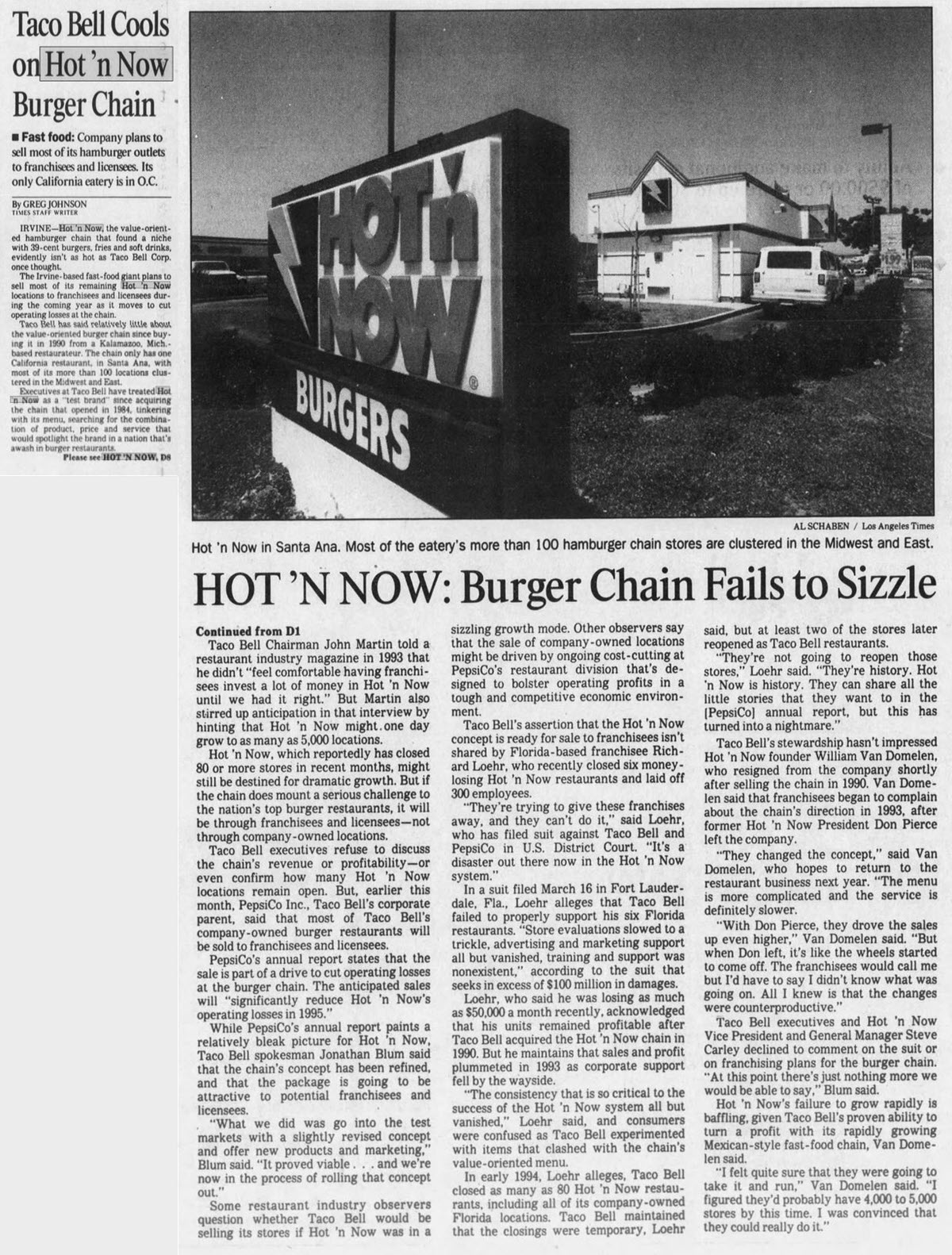 Hot n Now Hamburgers - Apr 26 1995 Article On Sale By Pepsi